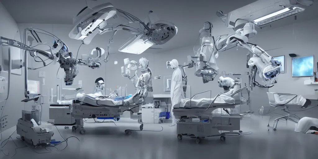Prompt: an organ transplant in an operating room with robotic surgeons , photorealistic,by Wlop,4k resolution