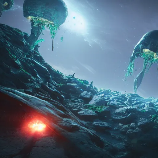 Image similar to the land reclaims a crashed space frigate, alien life, in the style of James Chadderton, ectoplasm, giant creatures roam, natural lighting, low angle camera, unreal engine