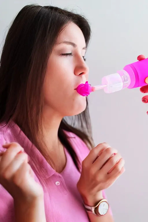 Prompt: Woman using a Pink Vapor Inhaler