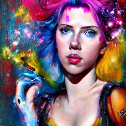 Image similar to teenage scarlett johansson as delirium from sandman, ( hallucinating colorful soap bubbles ), by jeremy mann, by sandra chevrier, by jean giraud and richard avedon, punk rock, tank girl, high detailed, 8 k