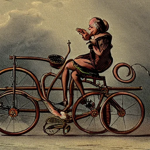 Image similar to an octopus riding a victorian bicycle