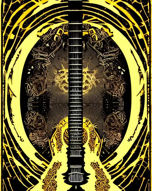 Image similar to demonic fractalpunk guitar concept illustration, rococo, celestial runes floating, symmetrical composition, spiral with golden ratio, gold and black paper, de - noise, ornate border, tarot card, 8 k