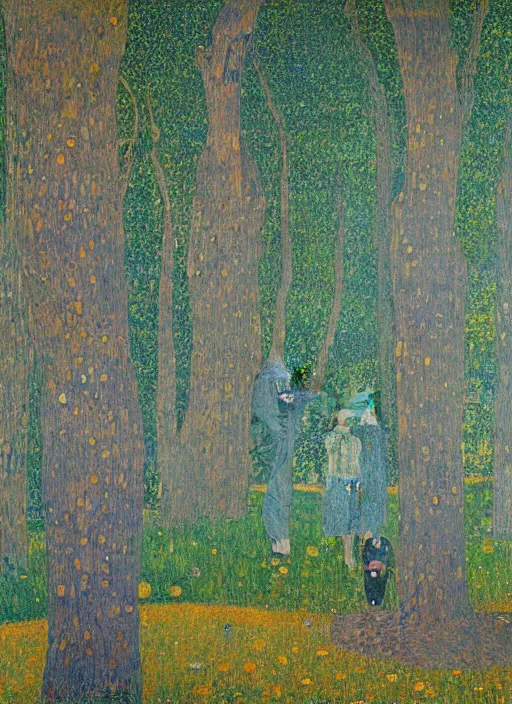 Image similar to a landscape painting of a cognitive optical illusion of trees, with four people who are trees in the foreground making extreme dynamic poses painted by gustav klimt, leonardo davinci