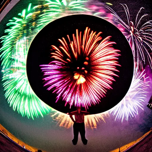 Prompt: a fireworks / human hybrid, fisheye photo