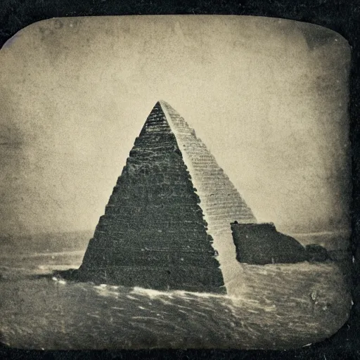 Prompt: tintype photo, underwater, pyramid