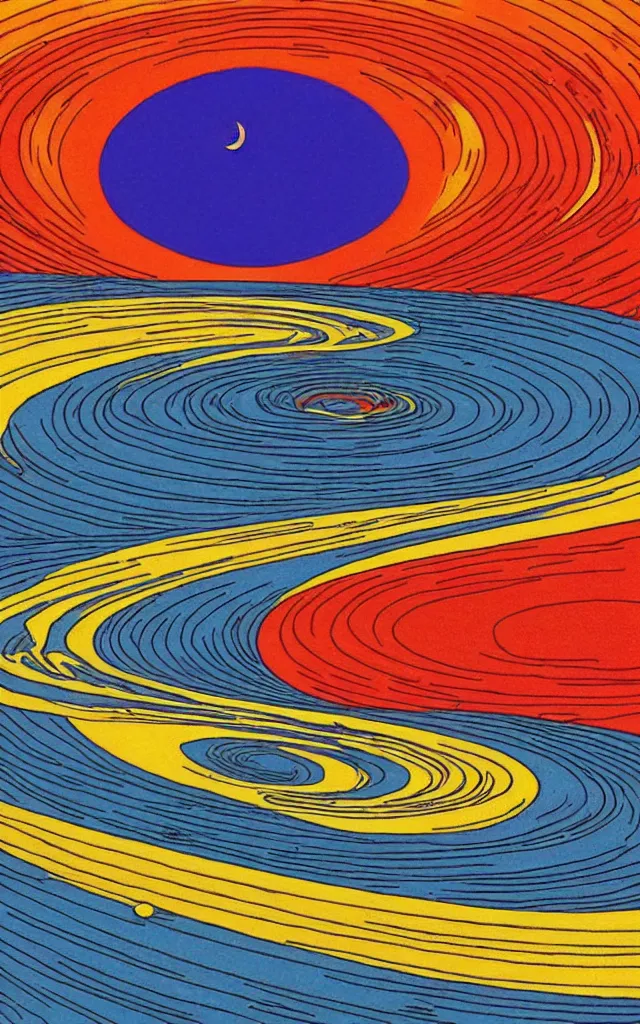 Image similar to gravitational waves, spreading trough the universe. retro minimalist art by jean giraud.