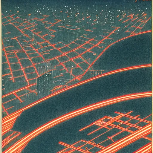 Image similar to Neon Tokyo bathed in moonlight by Hasui Kawase and Lyonel Feininger