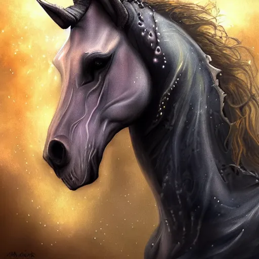 Image similar to a wlop 3 d render of very very very very highly detailed beautiful mystic portrait of a phantom undead horse with whirling galaxy around, tattoos by anton pieck, intricate, extremely detailed, digital painting, artstation, concept art, smooth, sharp focus, illustration, intimidating lighting, incredible art,