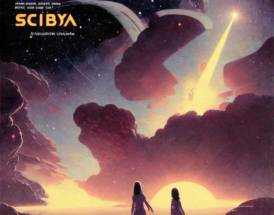 Image similar to illustrated by moebius and greg rutkowski, romantic!!! space scene!! with standing young girl!!!!, orbit of earth!, futuristic orbital station!!!!, nebulae!!, starry sky!!, rule of third!!!!, vintage cover of sci - fi magazine, cinematic!!