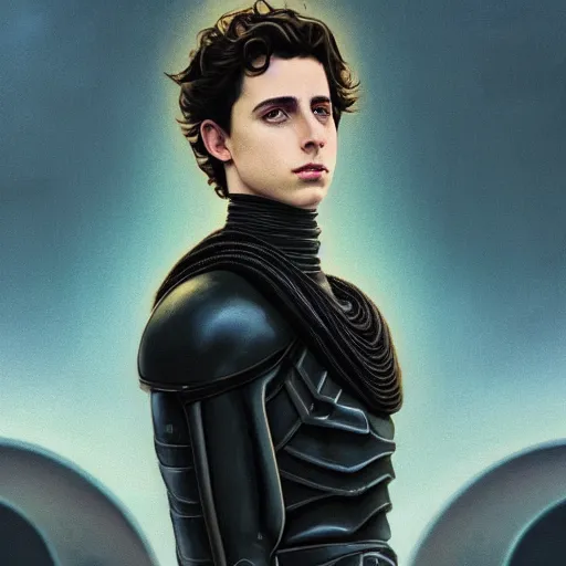 Image similar to realistic paul atreides emperor of the known universe, perfect dramatic and dark portrait by rabbitary b, trending on artstation, deviantart, dune, low angle oil painting and composition laws, dark foggy background, timothee chalamet but he is older, man with thin lines on the face, medium - long curly brown hair, completely blue eyes, denis villeneuve cinematography