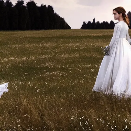 Prompt: emma watson in her wedding dress on a vast field, extremely long hair, unreal engine