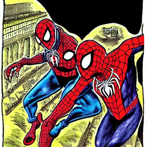 Prompt: The Artwork of R. Crumb and his Cheap Suit Italian Spiderman, pencil and colored marker artwork, trailer-trash lifestyle