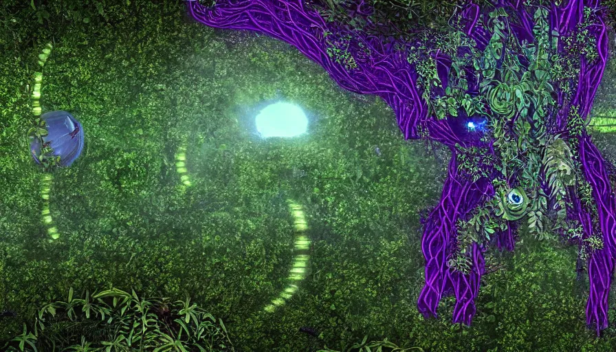 Image similar to A mothership leaving earth made of plants and vines, cinematic, megascans