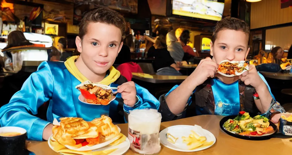 Prompt: Professional photo, Nikon, A Power Ranger eating alone at a diner