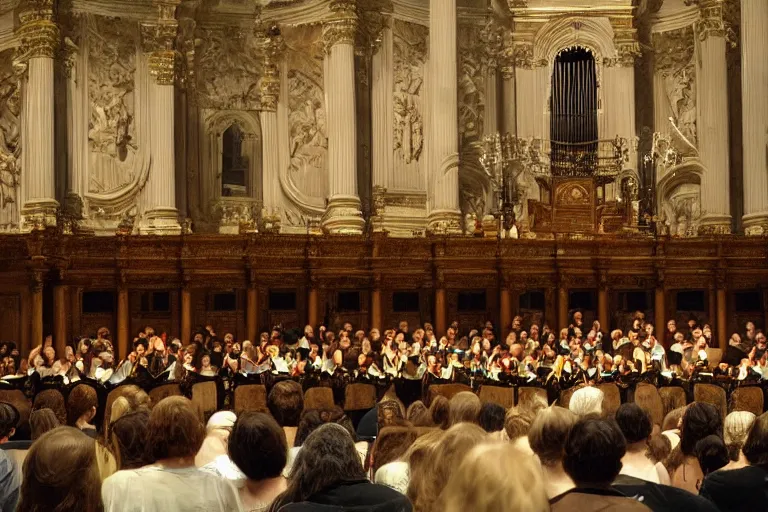 Image similar to medium size crowd listens to a hermeneutic pipe organ concert in a vast basilica, matte painting, scenic full shot, ambient lighting, detailed baroque oil painting by caravaggio and goya