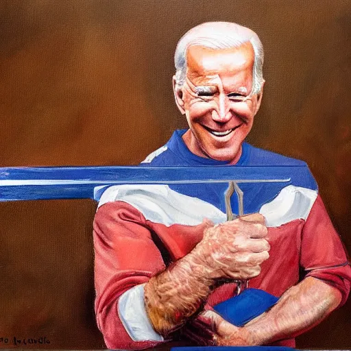 Image similar to oil painting of joe biden with a broadsword