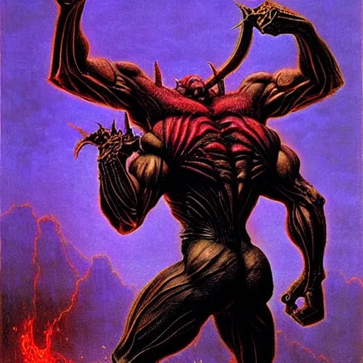 Prompt: demon with purple chestplate and black armor, muscles, balrog, beksinski