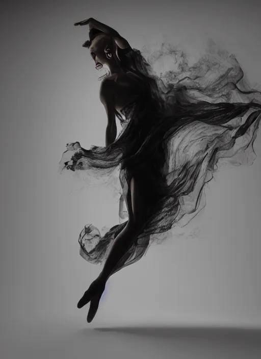 Image similar to a Photorealistic dramatic hyperrealistic render of a beautiful Female smoke dancer by Ken Brower and Deborah Ory of NYC Dance project,Lois Greenfield,Flowing cloth and smoke,Beautiful dynamic dramatic dark moody lighting,volumetric,shadows,cinematic atmosphere,Octane render,8K