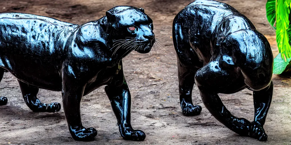 Prompt: the smooth black jaguar, made of smooth black goo, bathing in tar in the zoo exhibit, viscous, sticky, full of tar, covered with black goo. photography, dslr, reflections, black goo, zoo, exhibit