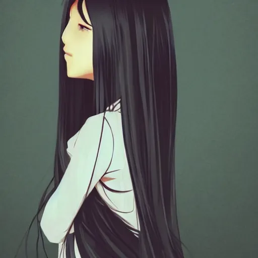 Image similar to a girl with long dark hair is looking at the camera, a picture by josefina tanganelli plana, tumblr contest winner, tachisme, contest winner, anime, anime aesthetic