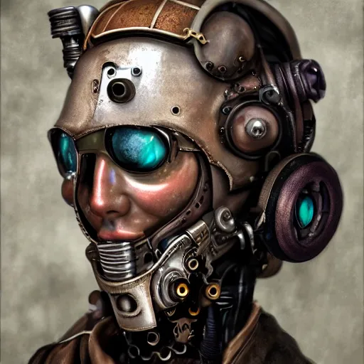 Image similar to photorealistic portrait of a steampunk cyborg