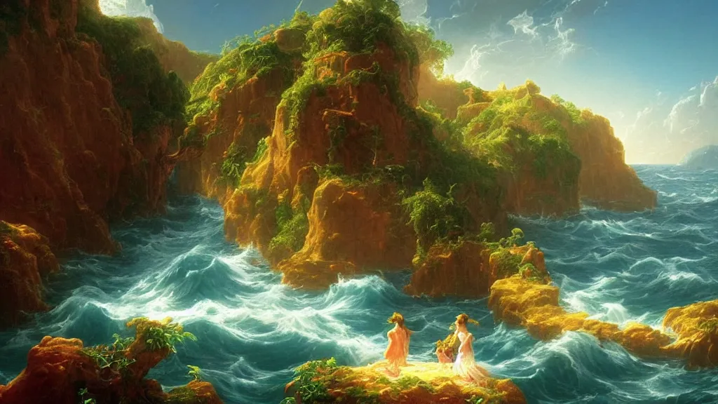 Prompt: very detailed and perfectly readable fine and soft relevant out of lines soft edges painting by beautiful walt disney animation films of the late 1 9 9 0 s and thomas cole in hd, we see an ocean world, nice lighting, perfect readability