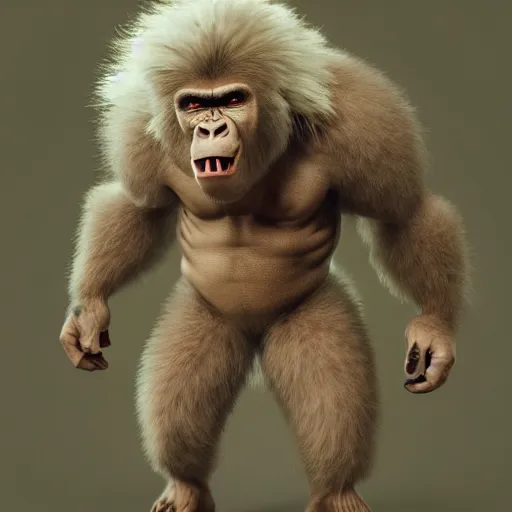 Prompt: angry tough albino gorilla, punk gorilla with mohawk hair. interesting 3 d character concept by tiger hkn and gediminas pranckevicius, game art, hyper detailed, character modeling, cinematic, final fantasy, video game character concept, ray tracing, fur details, maya, c 4 d