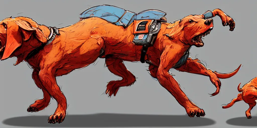 Prompt: cartoonish antropomorphic doggo running, vivid colors, character sheet, fine details, concept design, contrast, kim jung gi, greg rutkowski, trending on artstation, 8 k, full body, turnaround, front view, back view, ultra wide angle