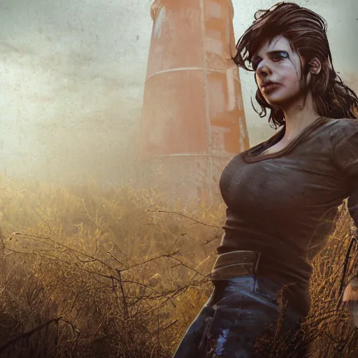 Prompt: fallout 5, charismatic beautiful rugged brunette female protagonist, portrait, outdoors abandoned farmhouse with decrepit water tower, atmospheric lighting, painted, intricate, volumetric lighting, beautiful, daytime, sunny weather, slight overcast, golden hour, sharp focus, deep colours, ultra detailed, by leesha hannigan, ross tran, thierry doizon, kai carpenter, ignacio fernandez rios