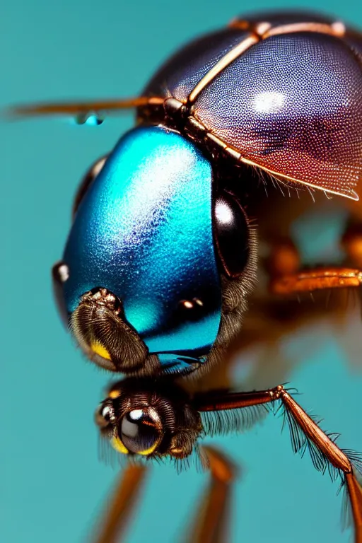 Image similar to high quality macro mecha metallic tachinid fly! gorgeous highly detailed hannah yata elson peter cinematic turquoise lighting high quality low angle hd 8k sharp shallow depth of field