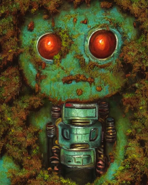 Prompt: detailed oil painting of a decayed, rusty, humanoid robot, covered in moss