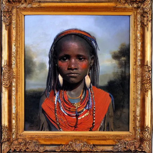 Prompt: portrait of Maasai tribal girl, oil painting by Rembrandt