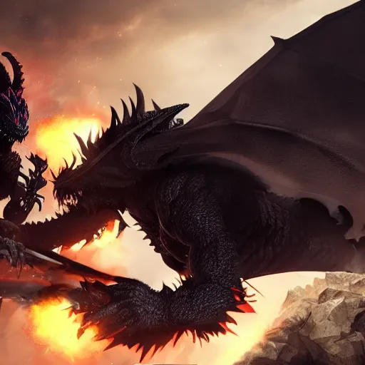 Prompt: A warlord fighting a black dragon, cinematic, artstation trending, 8k resolution