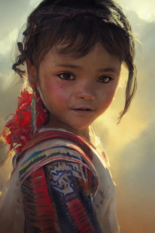 Image similar to aztec little girl, joyful, close - up portrait, intricate, elegant, volumetric lighting, scenery, digital painting, highly detailed, artstation, sharp focus, illustration, concept art, ruan jia, steve mccurry