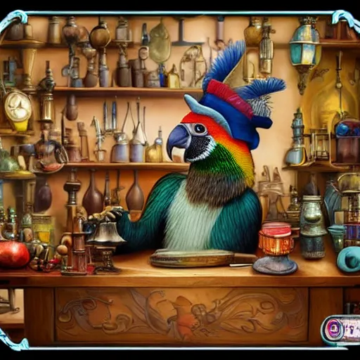 Image similar to Anthropomorphized parrot trader in his shop, medium shot, hands on counter, items, weapons, magic potions, trinkets, carpet, lamps, window, fancy hat, warm light, sly expression, cunning expression, cute expression, long thick shiny black beak, D&D, fantasy, cinematic lighting, highly detailed, digital painting, artstation, concept art, smooth, sharp focus, illustration, warm light, cozy warm tint, strong colours, magic the gathering artwork, volumetric lighting, 8k, art by Akihiko Yoshida, Greg Rutkowski