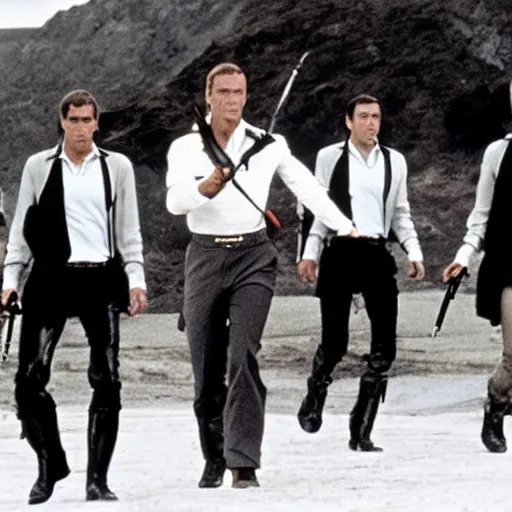 Prompt: battle royale between james bond actors sean connery, roger moore, timothy dalton, george lazenby, pierce brosnan, and daniel craig