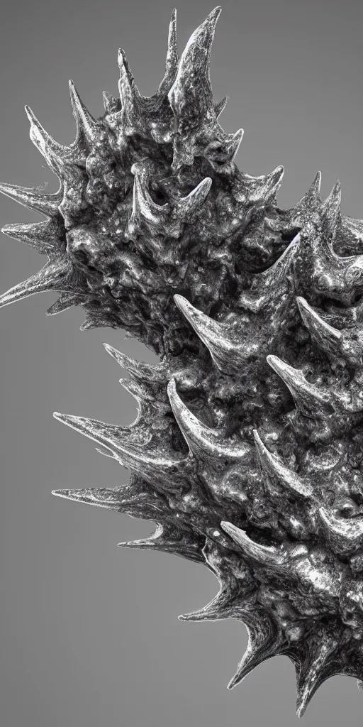 Prompt: a photorealistic render of a spiky mollusk, greyscale, made of melted plastic and marble, c 4 d, by zhelong xu and ernst haeckel, wide angle, hyper realistic, plain black background, 8 k, volumetric lightning, octane render