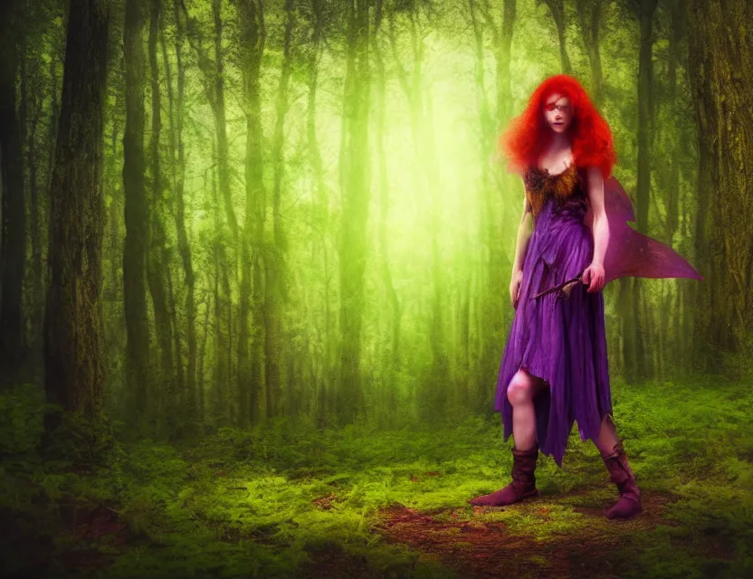 Prompt: faerie ravenfolk woman wandering in the woods. safe for work, complementary colors, professional photography, matte painting, luminescent, 3 d render, 4 k, rimlight.