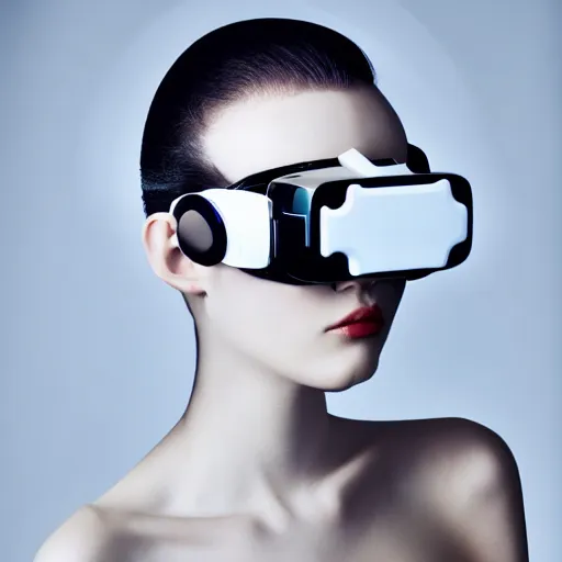 Image similar to high fashion photography of a model in neo futurism white sci - fi makup, wearing vr goggles, transparent cloth, beautifully lit