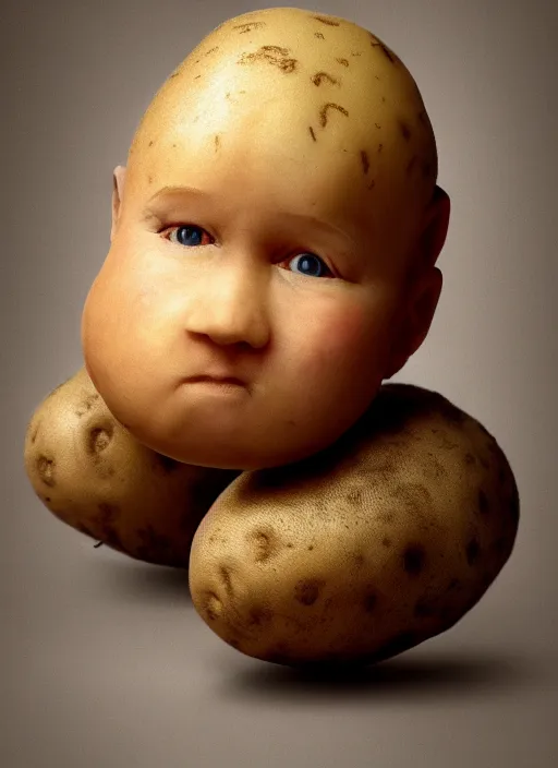 Prompt: a potato photo of Putin as a mentally challenged baby potato melting, 4k, trending on arstation, Norman Saunders