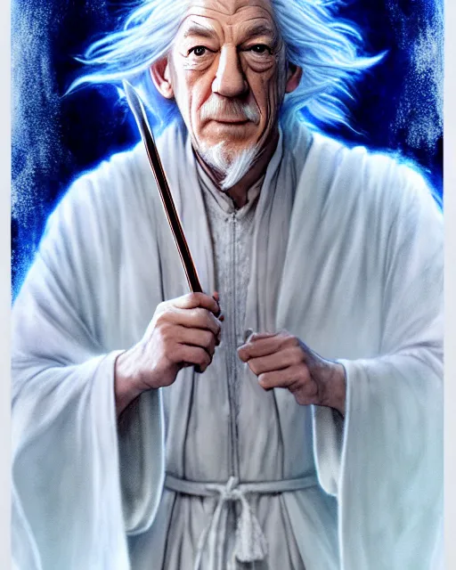 Image similar to portrait Anime joyful Gandalf Ian McKellen; White robe with wooden wizard staff, elven background || cute-fine-face, pretty face, realistic shaded Perfect face, fine details. Anime. realistic shaded lighting by katsuhiro otomo ghost-in-the-shell, magali villeneuve, artgerm, Jeremy Lipkin and Michael Garmash and Rob Rey Ilya Kuvshinov