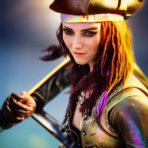 Prompt: a Swashbuckling pirate female with iridescent skin, bokeh, 8k