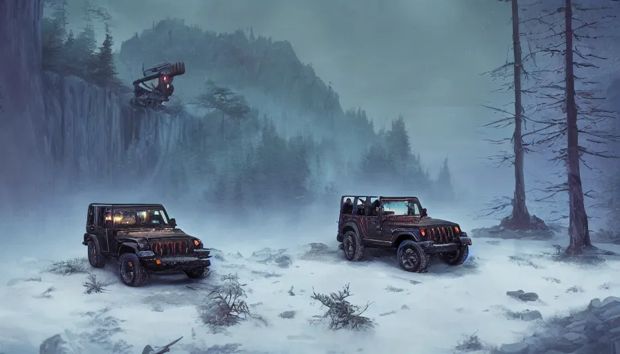 Image similar to single jeep wrangler, tribe members watching nearby, an epic fantasy, dramatic lighting, cinematic, establishing shot, extremely high detail, photorealistic, cinematic lighting, artstation, by simon stalenhag, horizon forbidden west