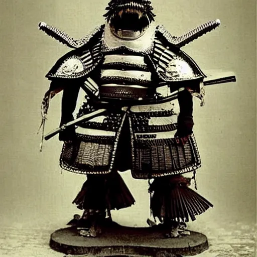 Image similar to “tyrannosaurus rex in full ornate samurai armour, 1900’s photo”