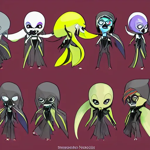 Prompt: various character sheets with character designs for a character with a squid for a head wearing a long vampire cape made from dark wispy smoke made as an enemy in Splatoon by nintendo