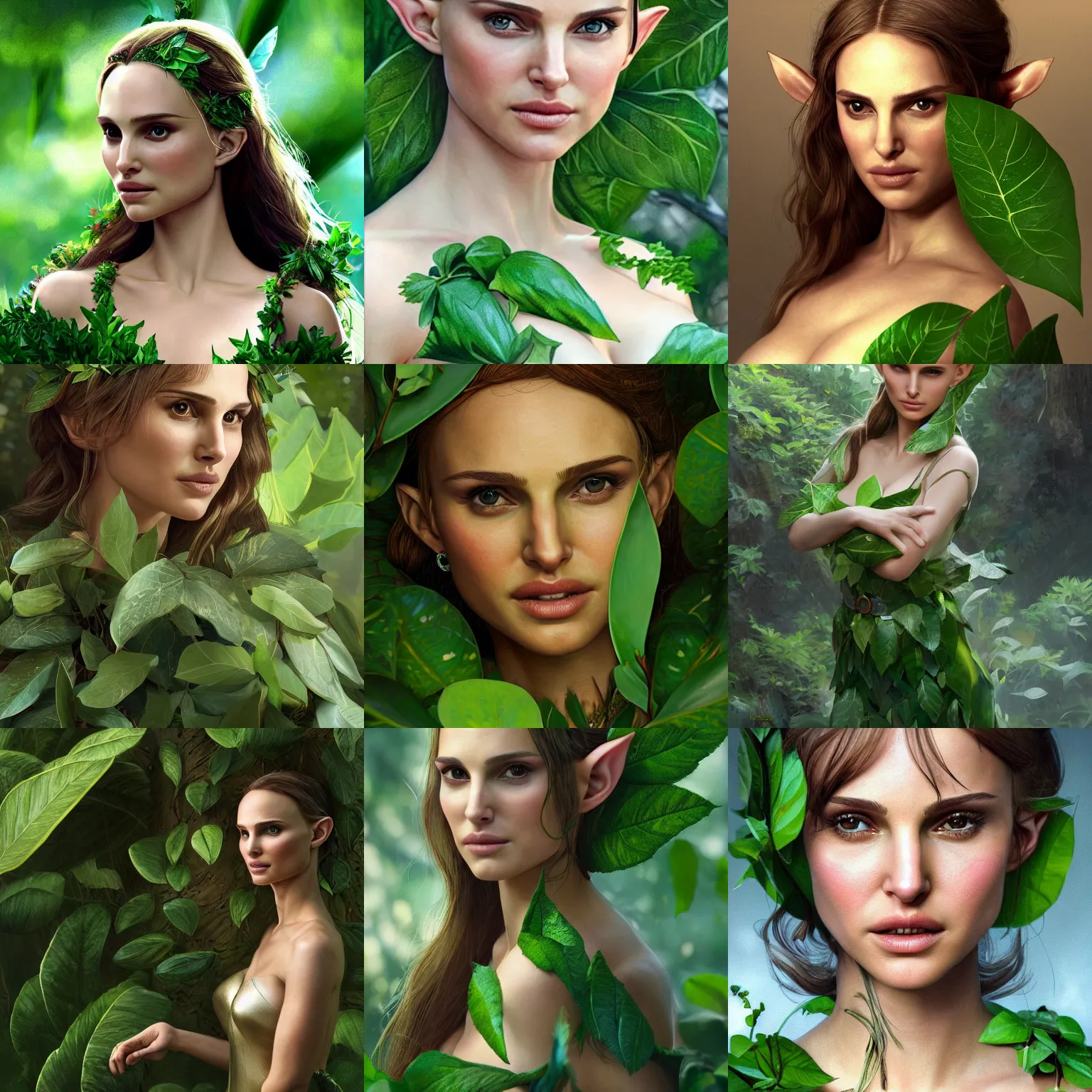 Prompt: a high-resolution photo of a beautiful elf girl (played by Natalie Portman) elegantly wrapped with green lush leaves, by Andrea Chiampo, artstation and Frederik Heyman, extremely detailed woman, stunning lighting, fantasy, 4k