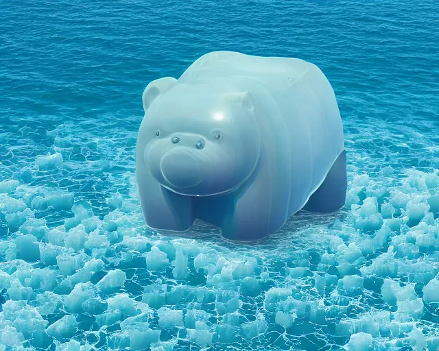 Prompt: a giant sculpture of a giant gummy bear on the surface of the ocean, award winning, hyper - realistic, very detailed, realistic water, ray tracing, 8 k resolution, long - shot, sharp focus, low angle, 8 5 mm photograph, wide lens