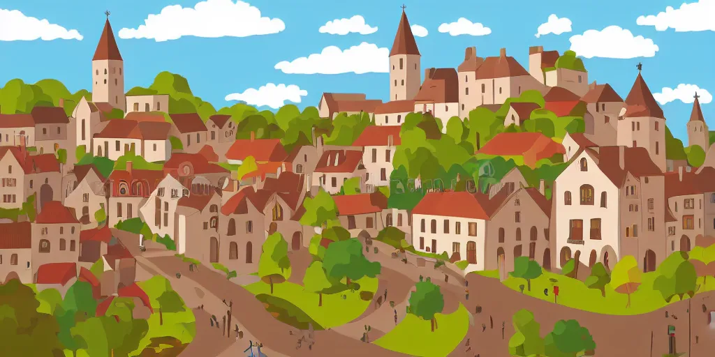 Prompt: medieval town, summer morning light, clean svg vector illustration, trending on artstation