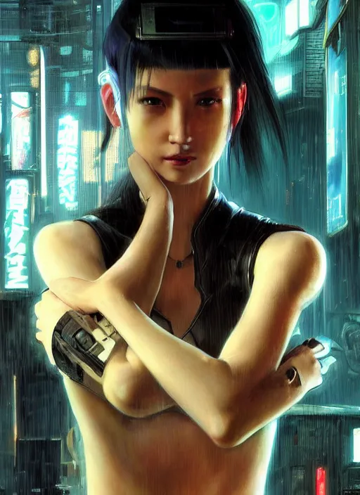 Prompt: Marie Tanaka. Beautiful Cyberpunk mechanic with robotic legs. (Cyberpunk 2077, bladerunner 2049). Gorgeous face. Iranian orientalist portrait by john william waterhouse and Edwin Longsden Long and Theodore Ralli and Nasreddine Dinet, oil on canvas. Cinematic, vivid colors, hyper realism, realistic proportions, dramatic lighting, high detail 4k