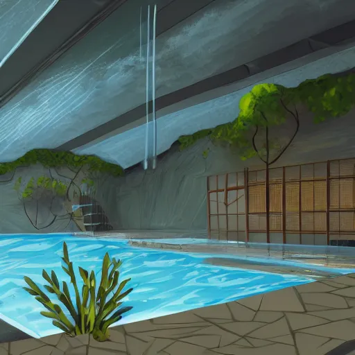 Prompt: liminal space pool area, empty background concept art